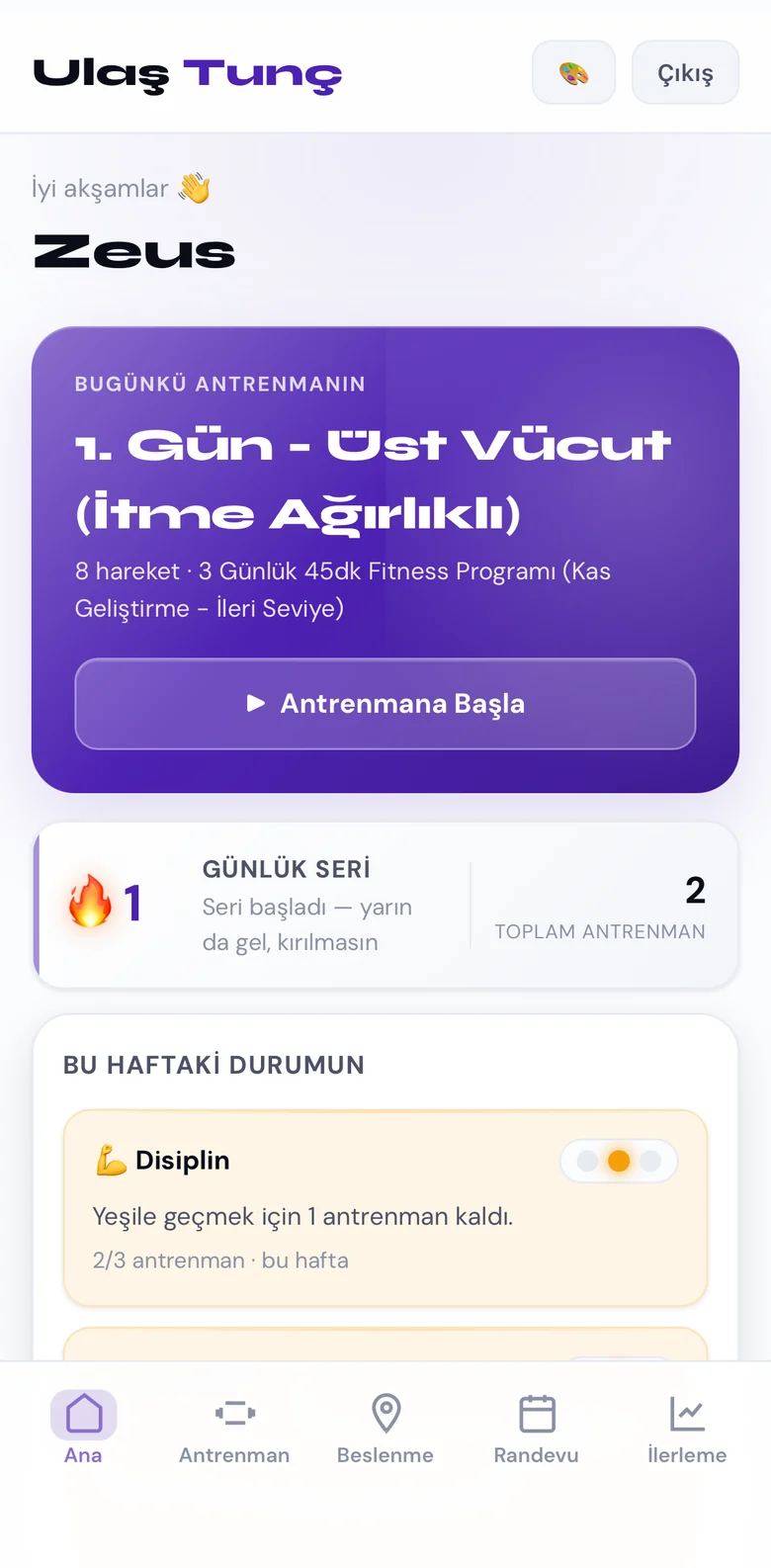 Ulaş Tunç koçluk uygulaması — danışan ana ekranı