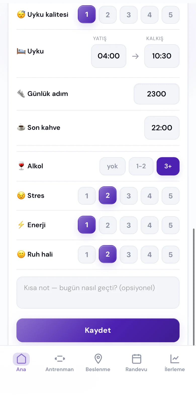 Günlük uyku, adım ve stres verisi giriş ekranı