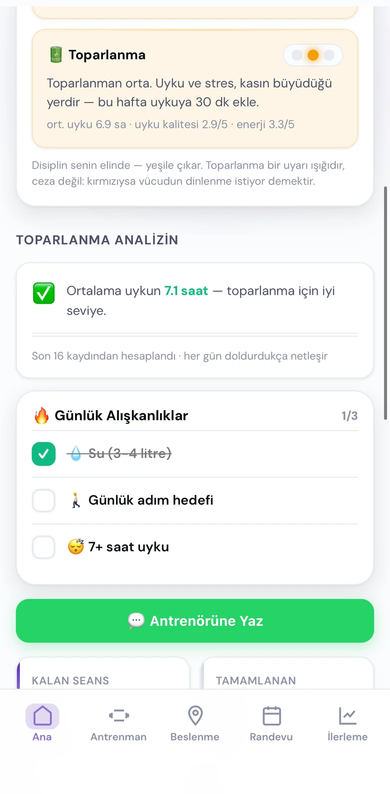 Toparlanma ve uyku analizi ekranı